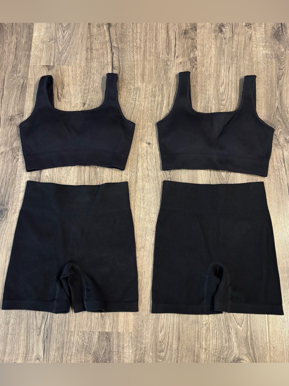 Unbranded Black Ribbed Sports Bra & High-Waist Biker Shorts Sets -Women Sz S/M??